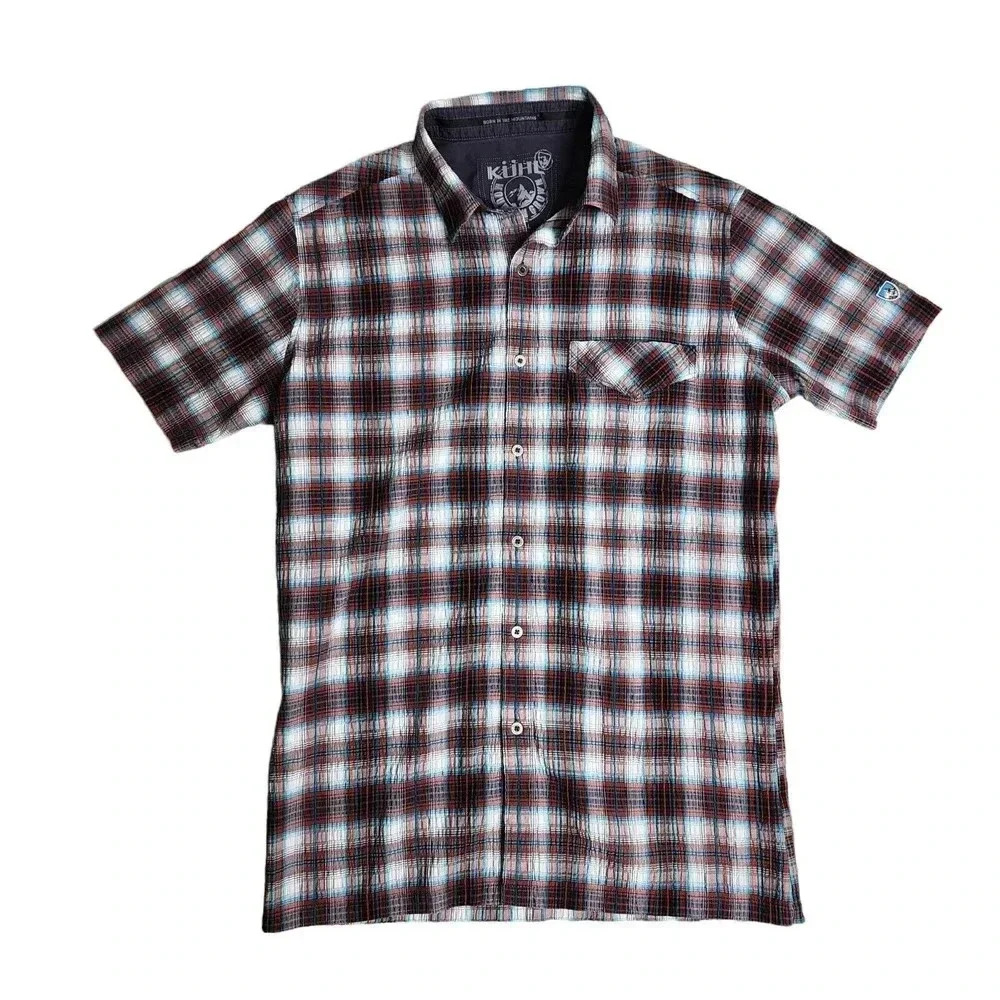 Kuhl Button Short Sleeve Shirt Size Small Linen Cotton Blend Orange White Plaid